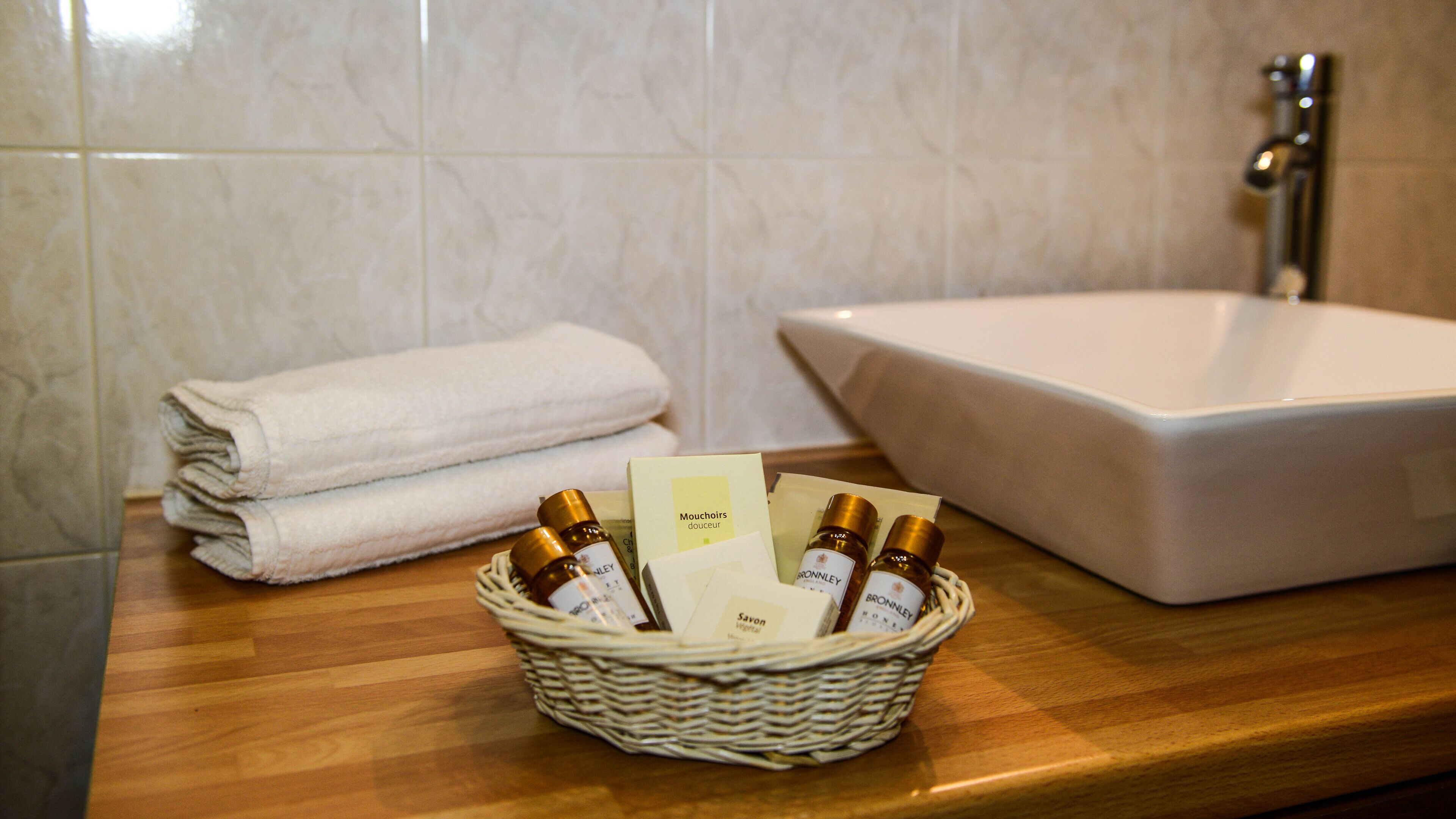 free toiletries, hair dryer, towels, soap