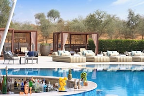 Indoor pool, outdoor pool, open 11:00 AM to 7:00 PM, free pool cabanas