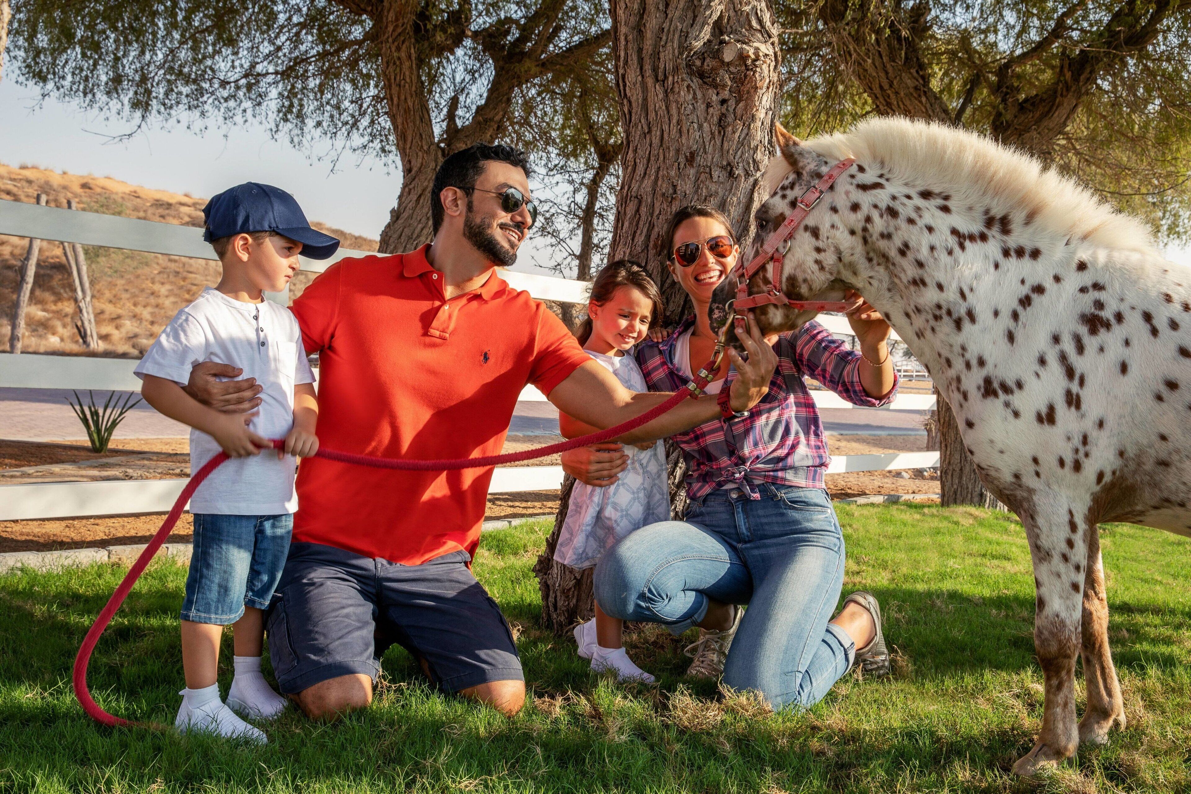 A family interacting with a horse in a grassy outdoor area with trees and a fence in the background.
