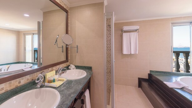 Une salle de bain avec deux lavabos, une douche et un grand miroir.