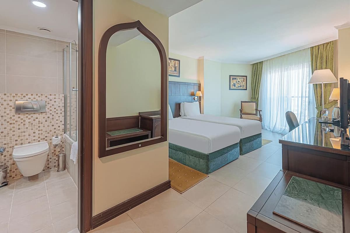 A hotel room with a shower, a bed, a desk, and a mirror.