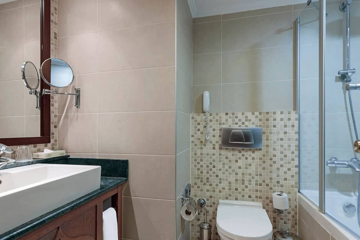 A bathroom with a sink, mirror, toilet, and shower.