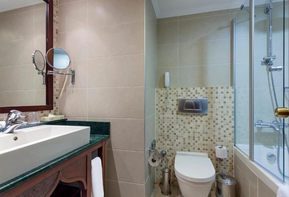 Une salle de bain avec un lavabo, des toilettes et une douche.