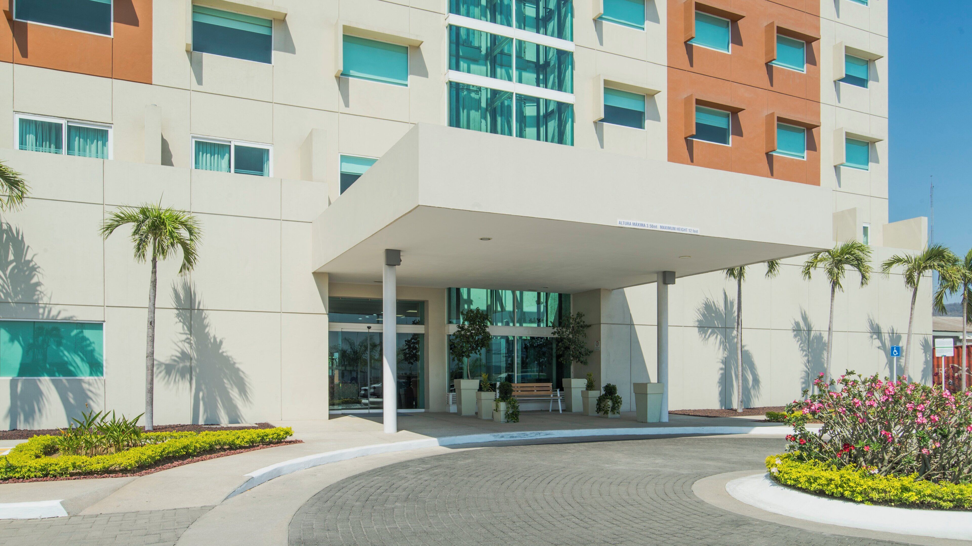 A modern hotel entrance with a covered walkway, palm trees, and a landscaped area with flowers.