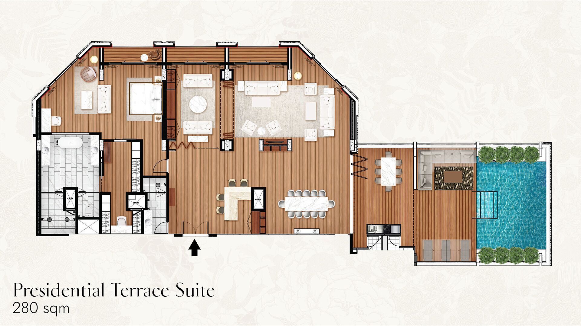 Plan d’étage d’une suite de luxe avec terrasse présidentielle, d’une superficie de 280 mètres carrés, comprenant un espace de vie, un coin repas, une cuisine, une salle de bain et un espace piscine.