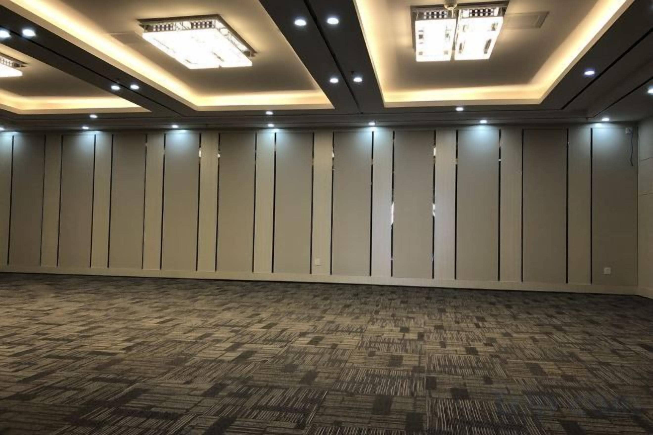 Amplia habitación de hotel vacía con alfombra estampada, iluminación empotrada y una fila de paneles verticales en la pared.