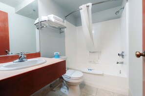 Une salle de bain équipée d’un lavabo, de toilettes, d’une douche et d’un miroir.