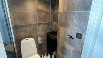 Een moderne badkamer met een toilet, een douchegedeelte met een glazen deur en een zwart wastafel.