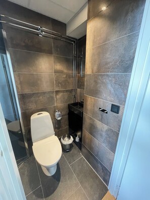Un bany modern amb vàter, zona de dutxa amb porta de vidre i un lavabo negre.