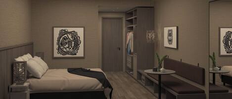 Un dormitorio moderno con cama, mesita de noche y una pequeña zona de estar con mesa y banco.