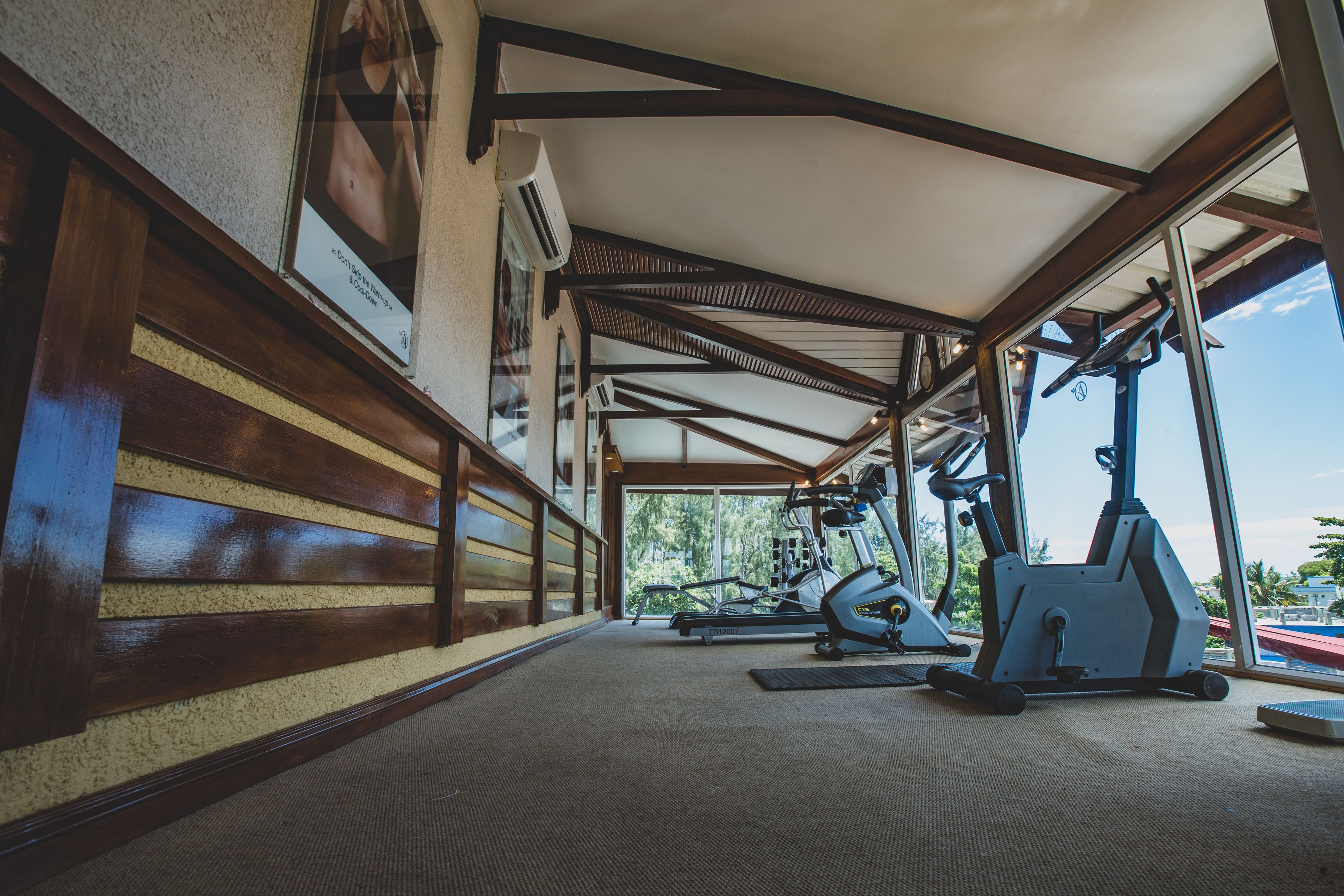Un gimnasio con equipo de ejercicio, paredes de madera y ventanas amplias.
