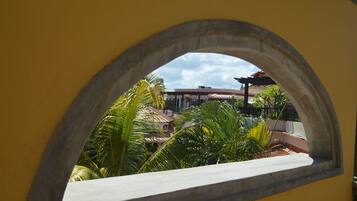 Vista a través de una ventana de arco de piedra sobre un patio con palmeras y edificios.