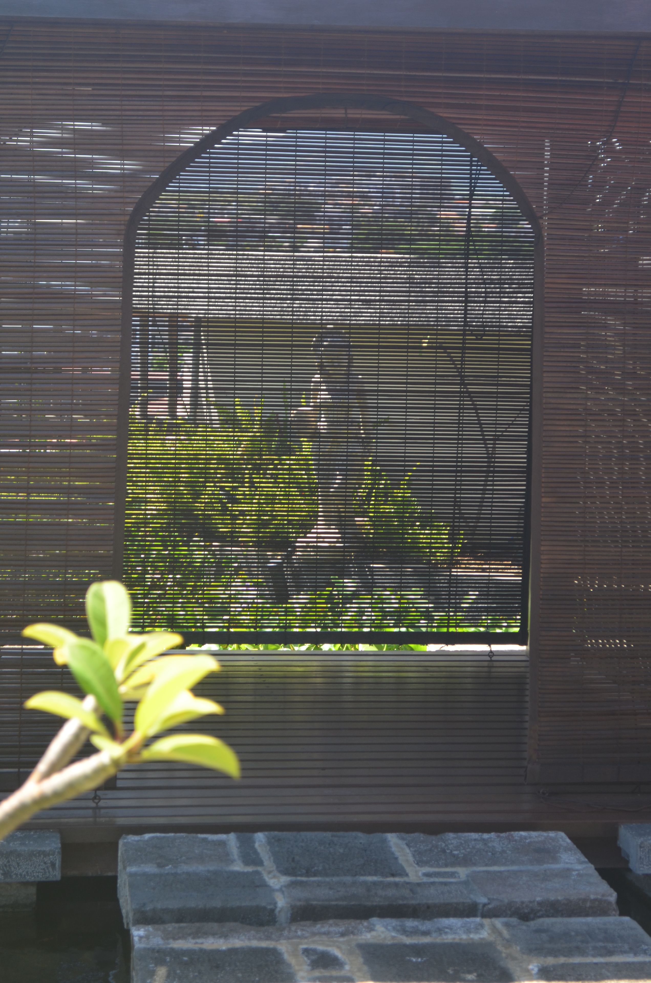 Vista a través de una ventana con persianas horizontales, un banco de piedra y una planta en primer plano.