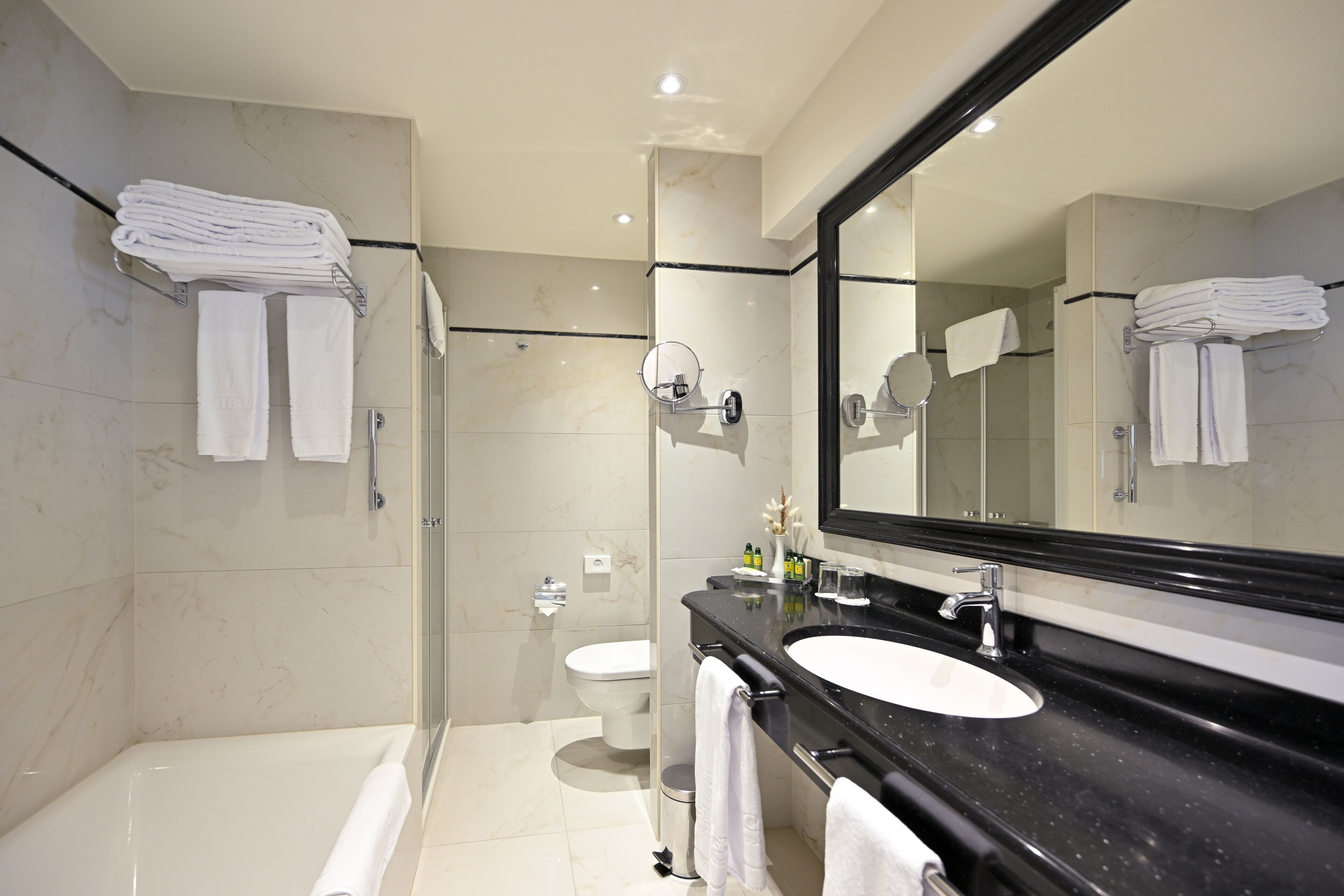 A modern bathroom with a black countertop, white sink, and a large mirror.