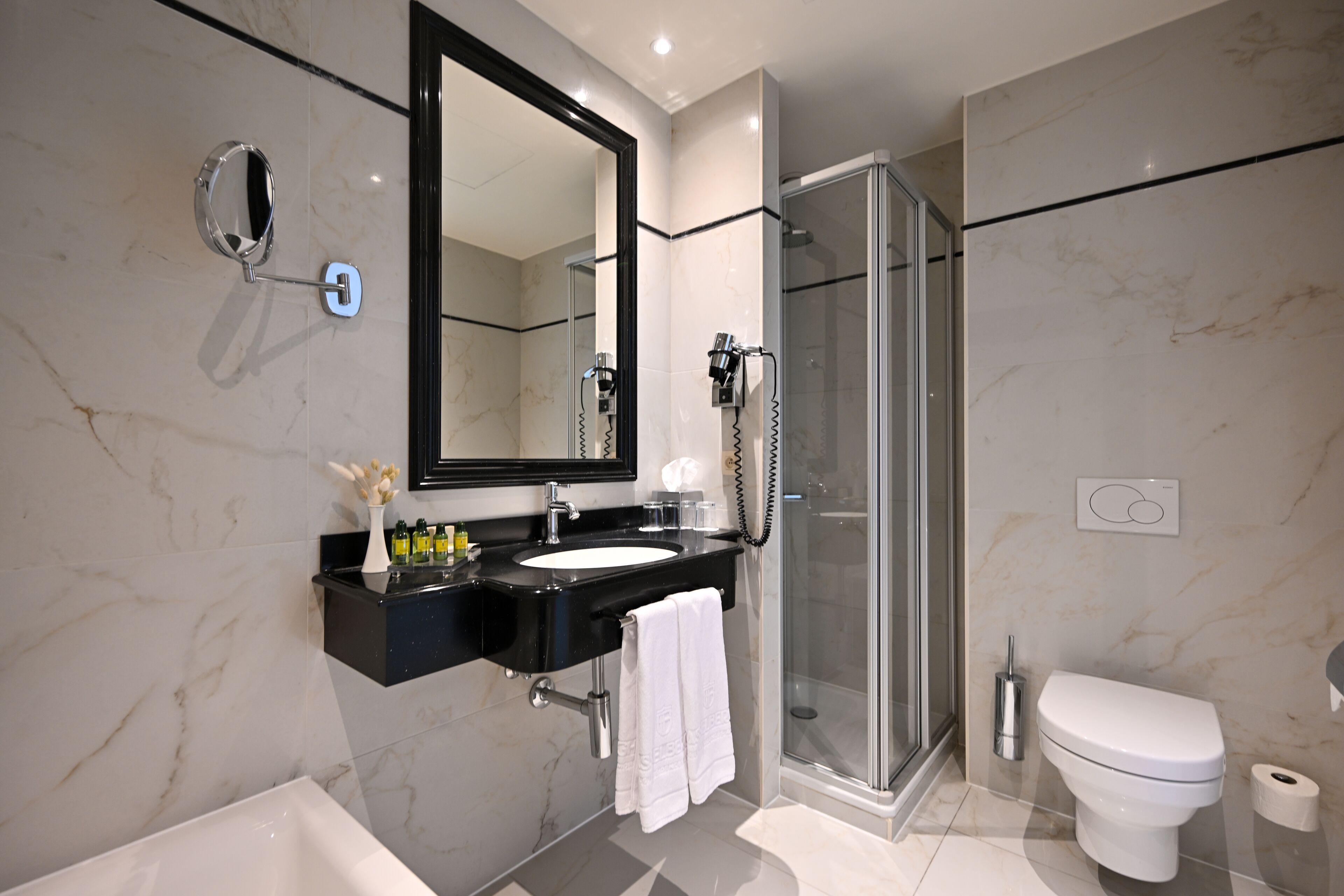 A modern bathroom with a black sink, white toilet, and a glass-enclosed shower.