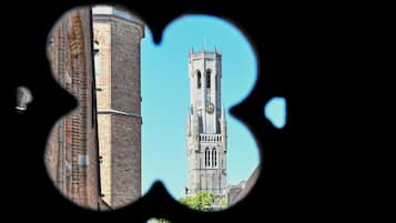 A view through a circular window of a tall brick tower with a clock, a clear blue sky, and a small tree visible in the foreground.