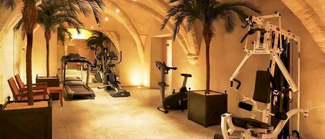 A gym with exercise equipment, benches, and palm trees.