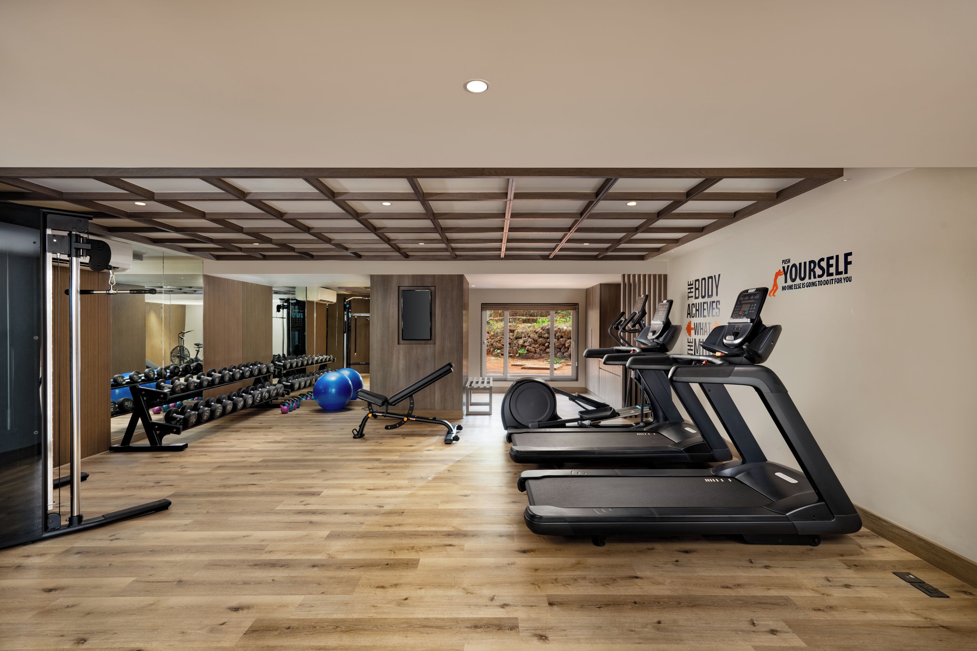 A gym with treadmills, dumbbells, and exercise balls.