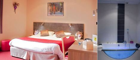 A hotel room with a bed, a desk, a chair, a red carpet, a wall-mounted artwork, and a bathtub with a blue interior.