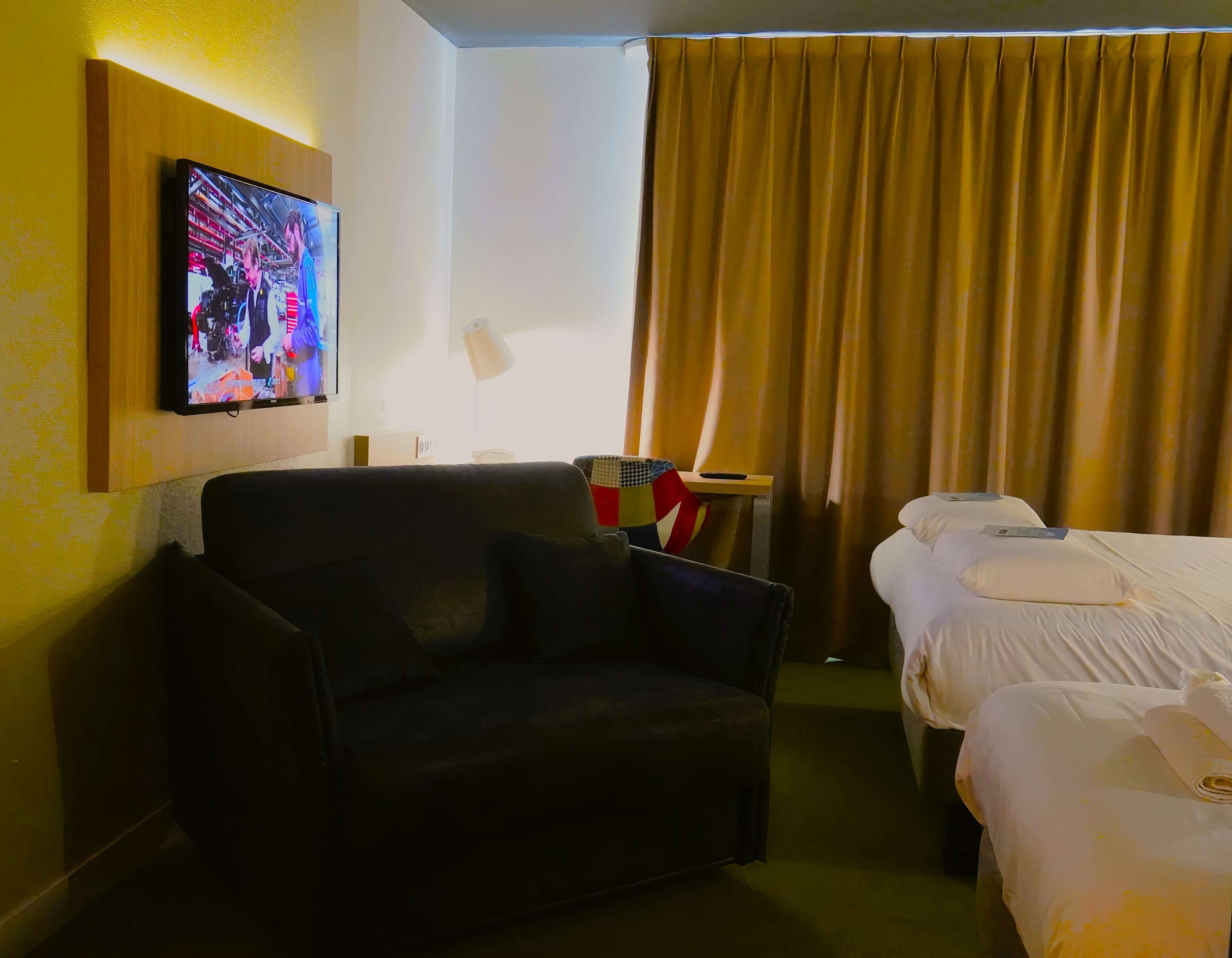 Premium bedding, desk, blackout curtains, soundproofing