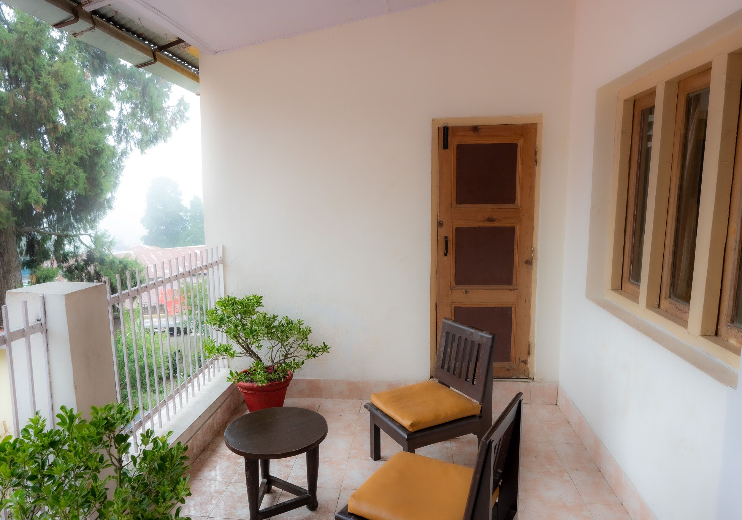 A balcony with a potted plant, two chairs, a small table, and a wooden door.