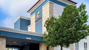 A hotel with a blue and beige exterior, a clear sign reading "Comfort Suites," and a tree in front. - Comfort Suites Medical Center near Six Flags (San Antonio)