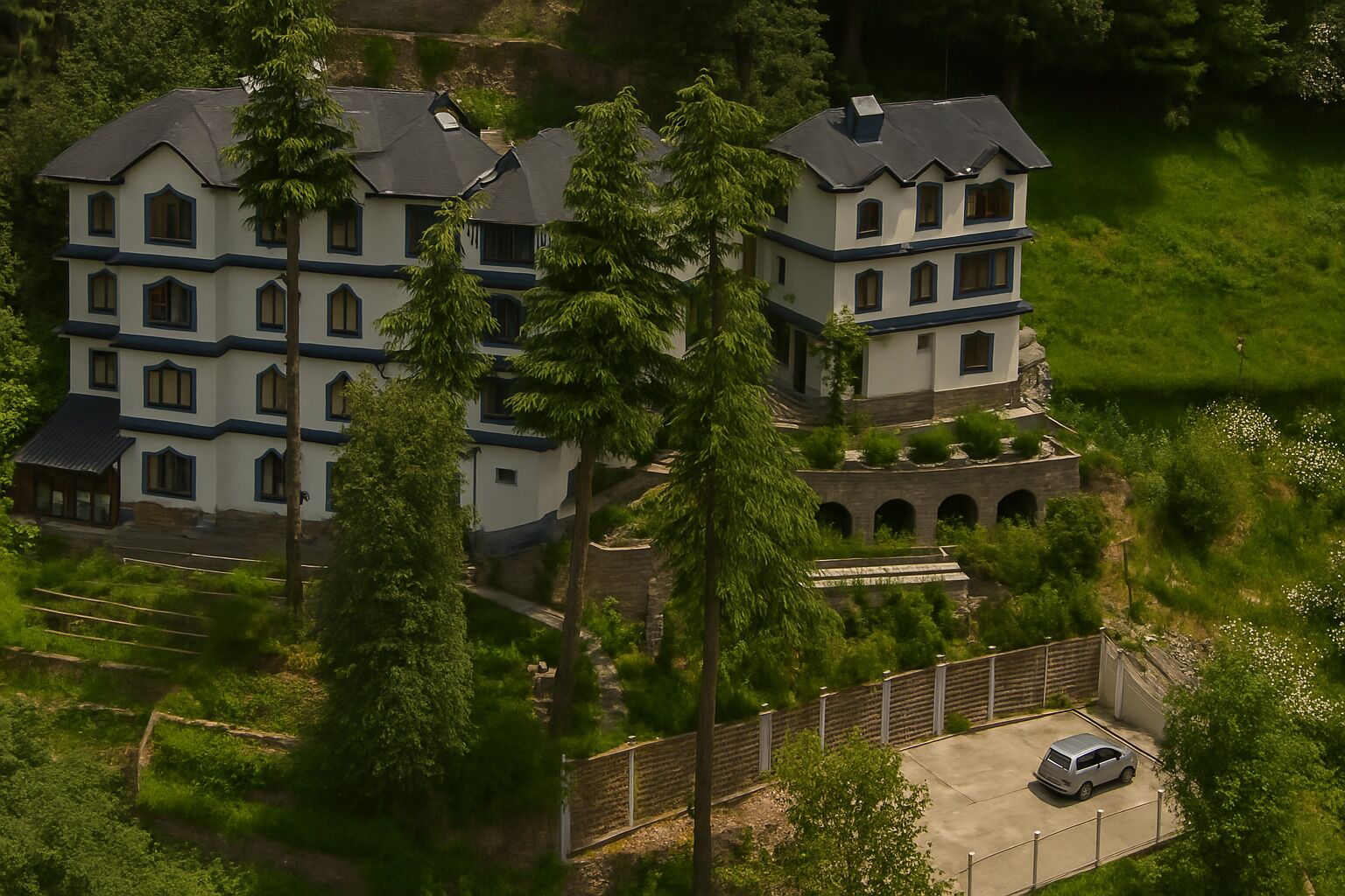 A large, multi-story house with a symmetrical facade, multiple windows, and a driveway with a parked car.