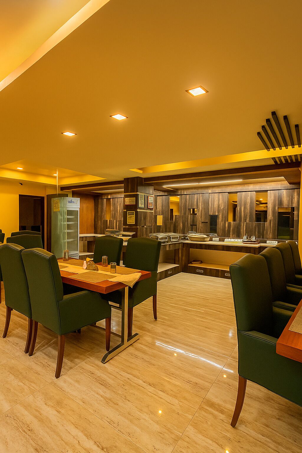 A modern dining area with a long table and chairs, a kitchen in the background, and a ceiling with recessed lighting.