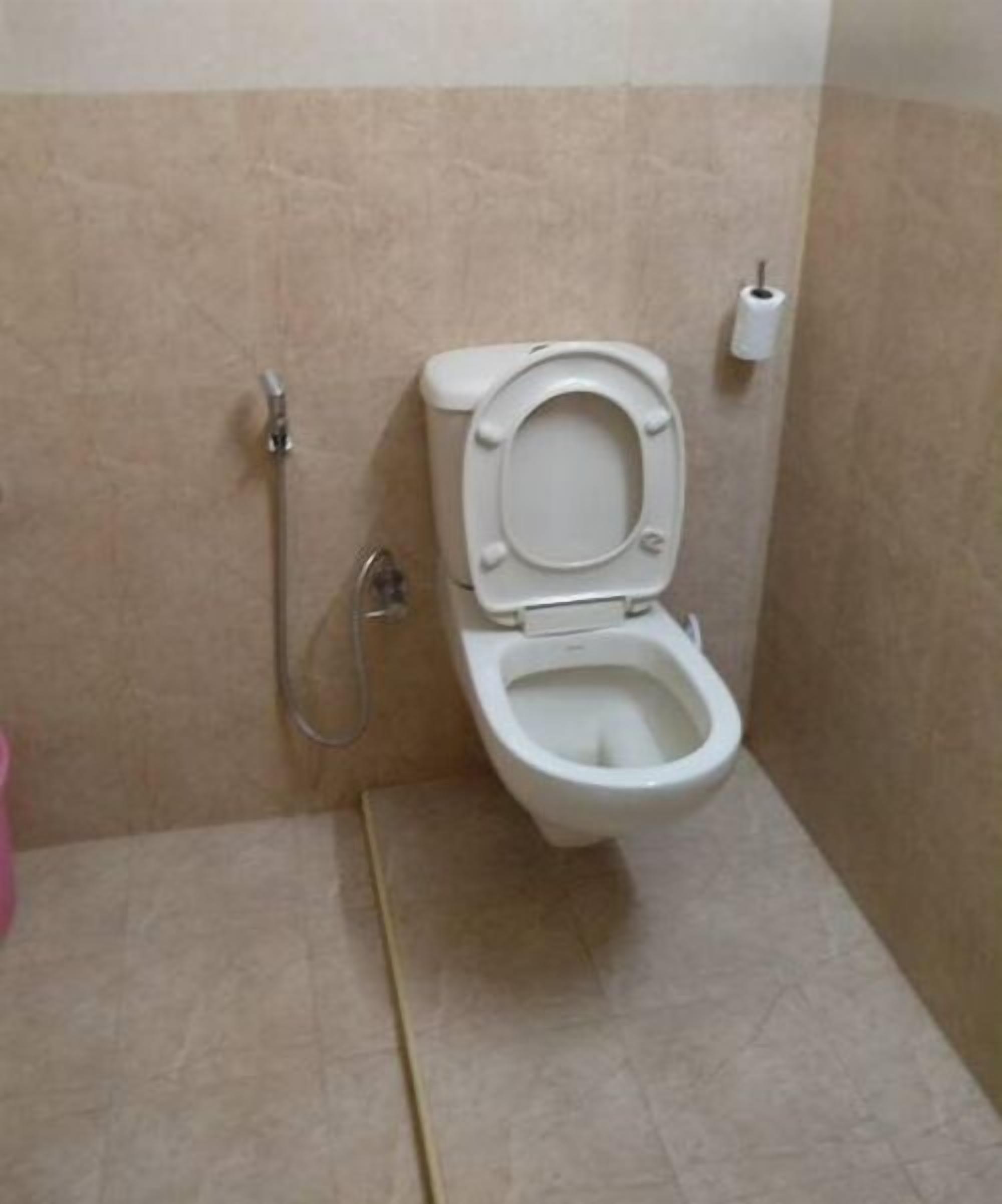 A bathroom with a toilet, a shower, and a toilet paper holder.