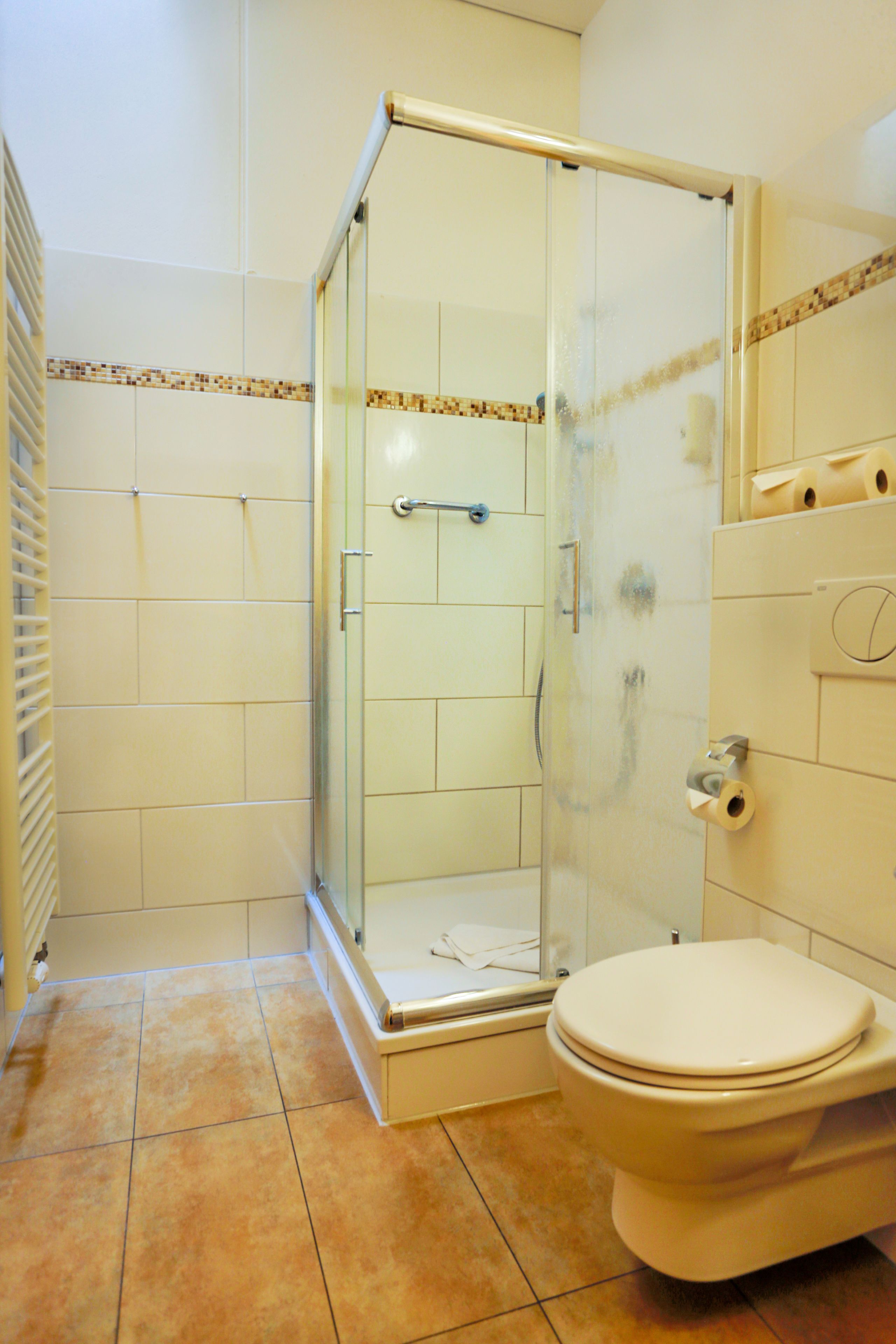 comfort double room | bathroom | shower, free toiletries, hair dryer, towels