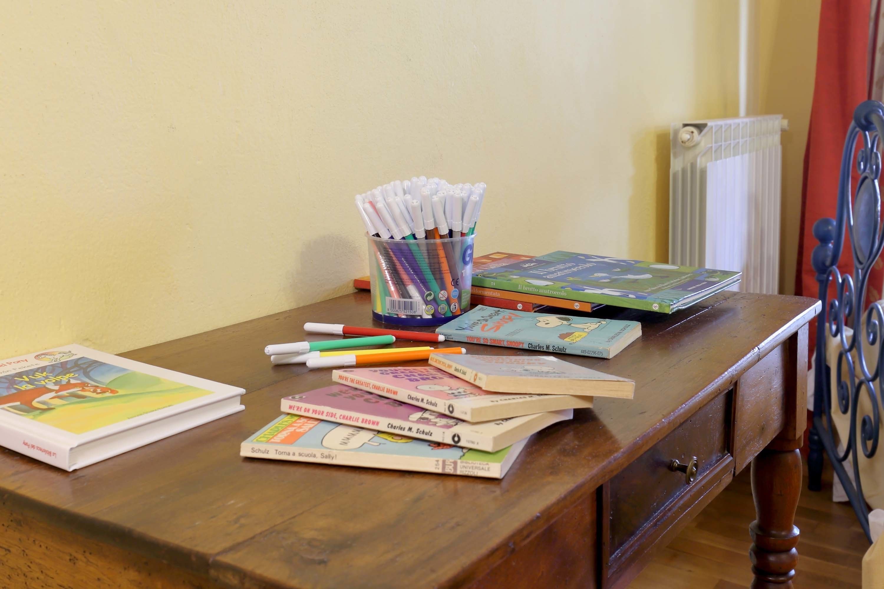 A wooden desk with books, pens, and a cup of markers.