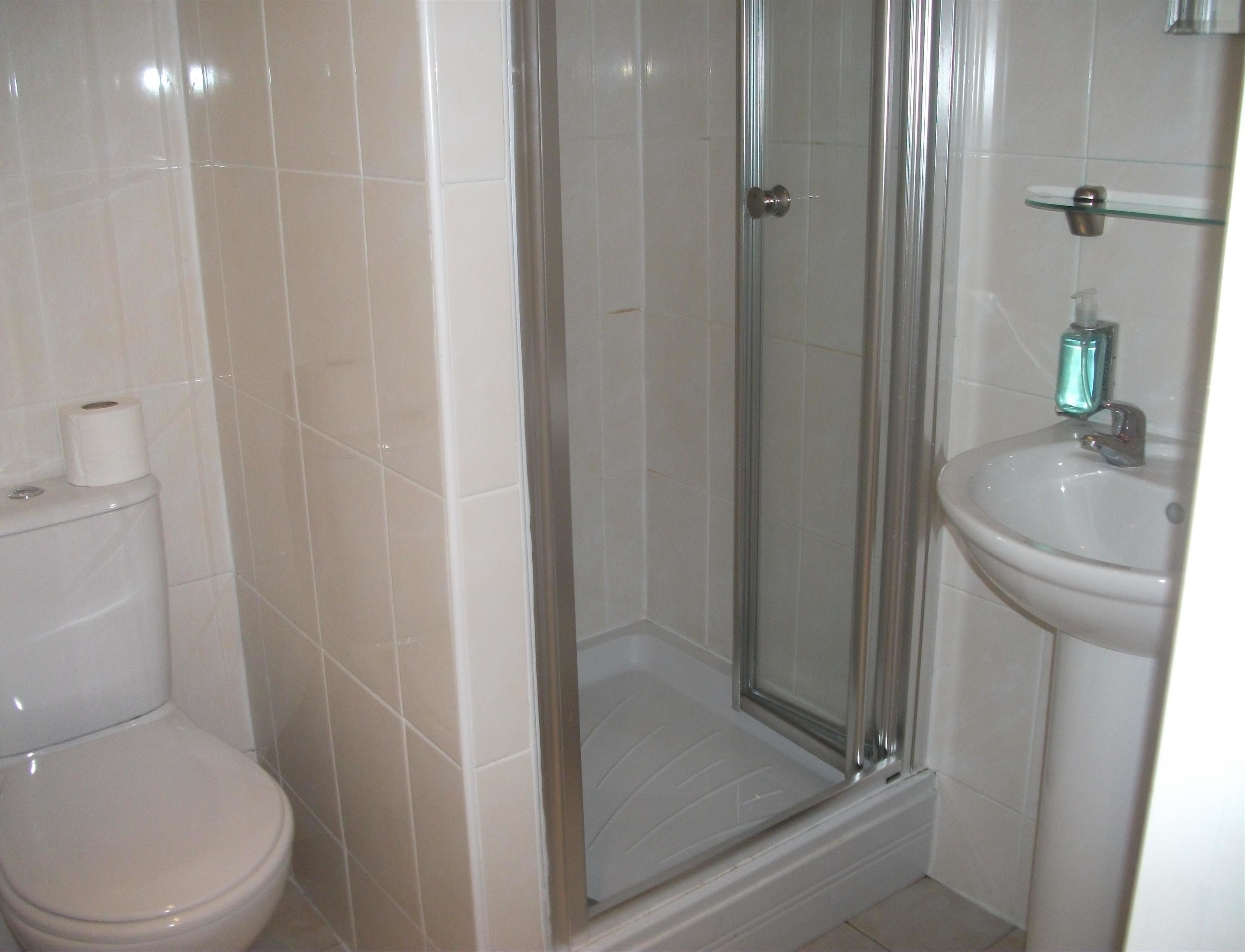 A bathroom with a toilet, a glass shower enclosure, and a sink with a soap dispenser.