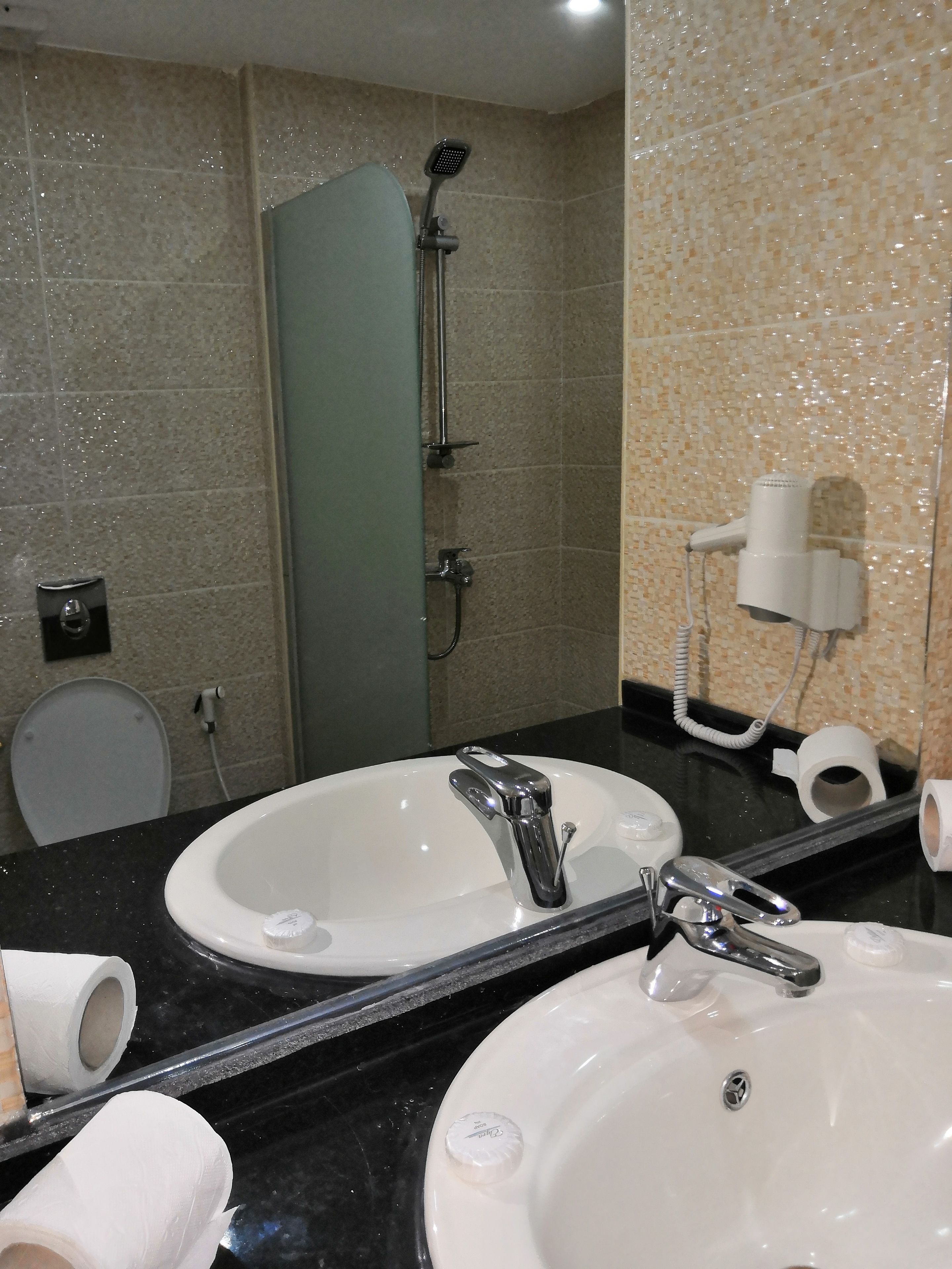 Shower, free toiletries, hair dryer, towels