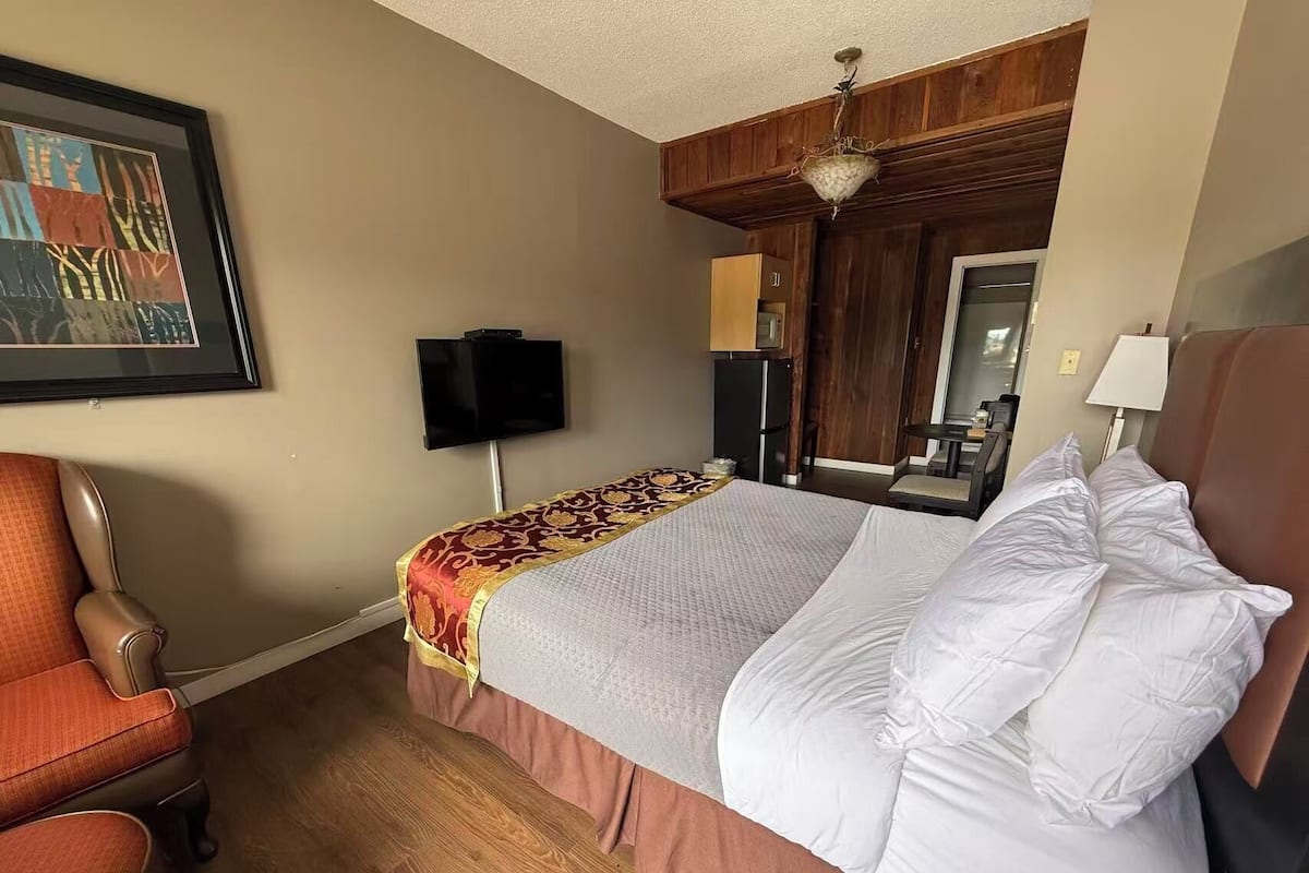 Una habitación de hotel con una cama, televisión, espejo y una silla.