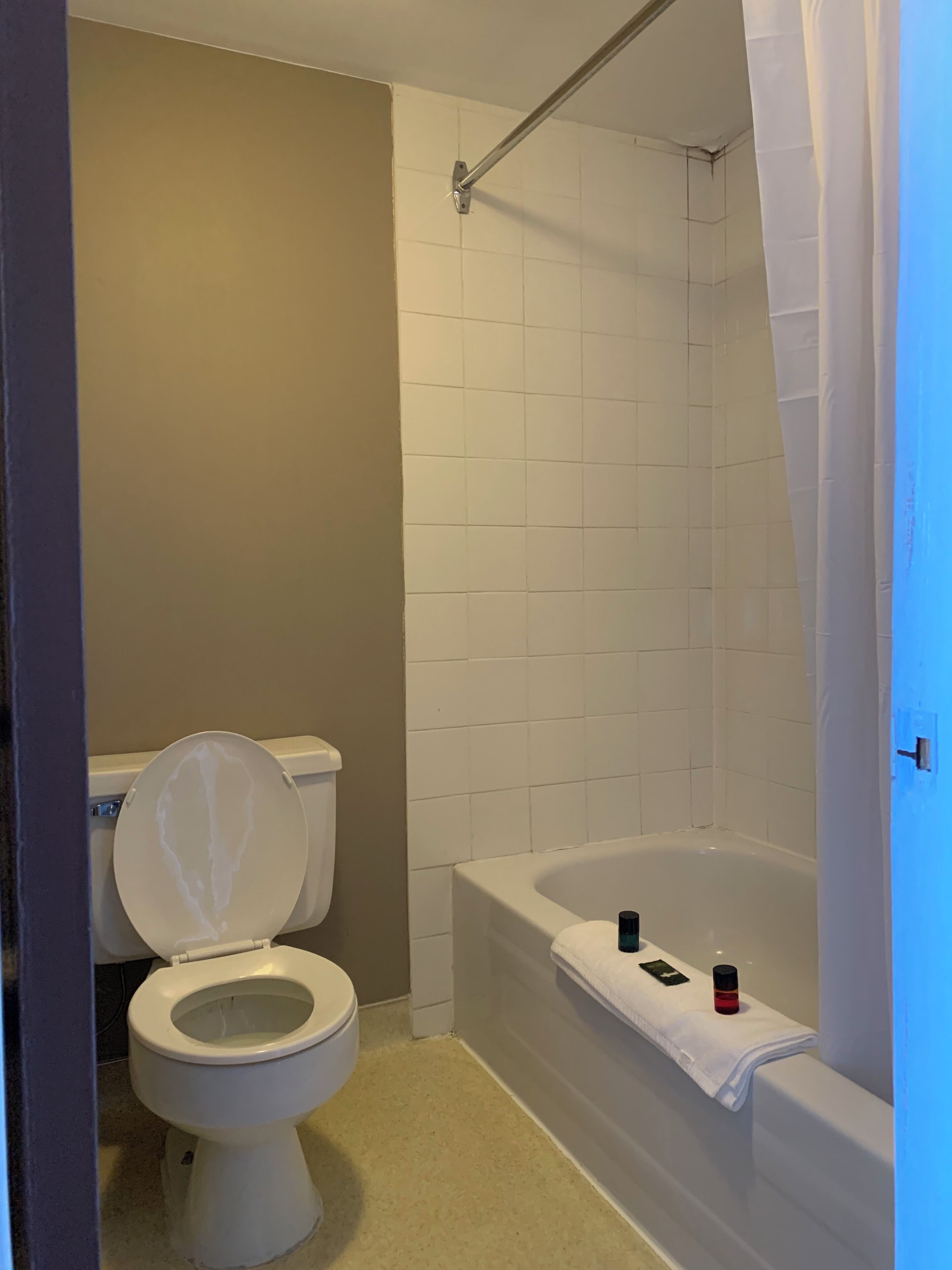 Ein Badezimmer mit Toilette, Badewanne und Duschvorhang.