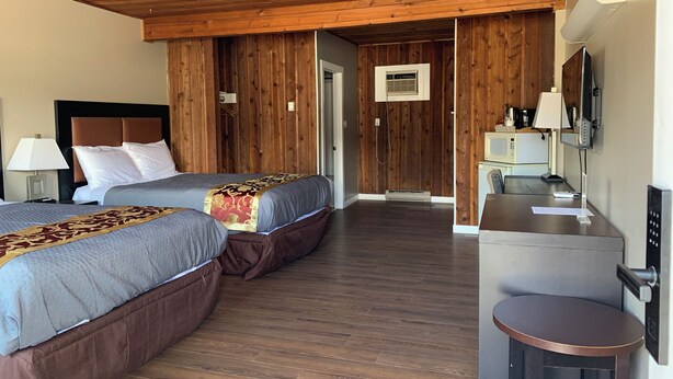 Une chambre d’hôtel avec deux lits, un bureau avec une chaise, une télévision et une kitchenette.