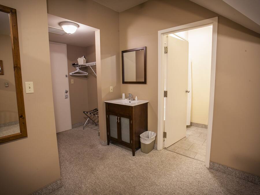 A hotel bathroom with a sink, mirror, and a trash bin.