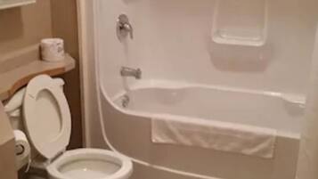 A bathroom with a toilet, a bathtub, and a shower area.