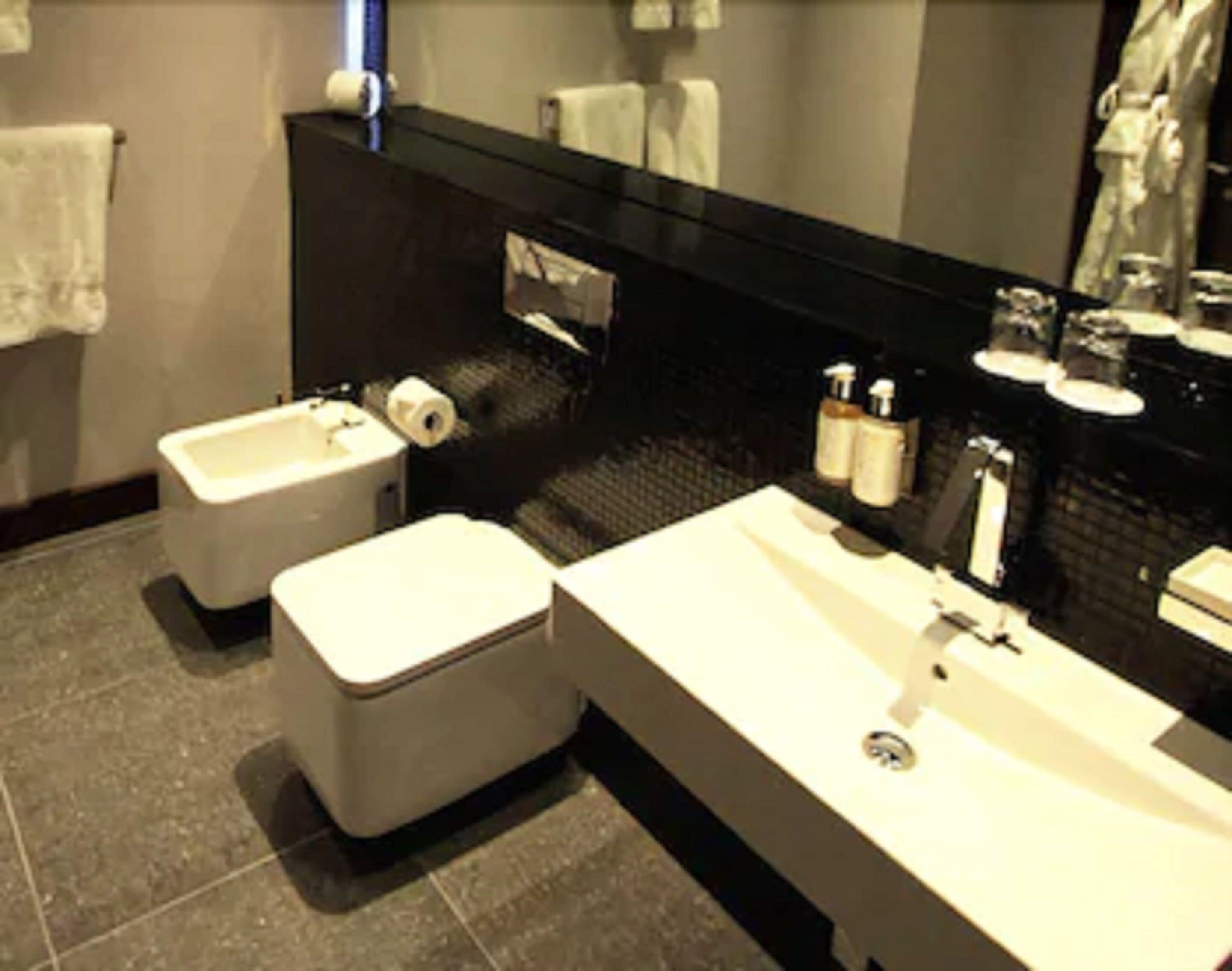 A modern bathroom with a black countertop, a white sink, and a bidet.