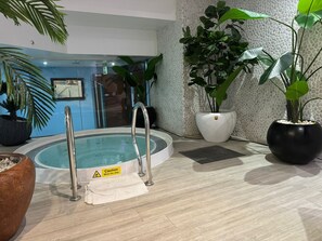 A pool area with a caution sign, a metal ladder, and potted plants.