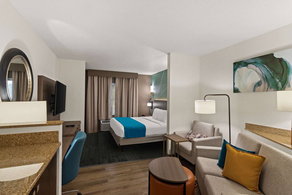 Une chambre d’hôtel avec un lit, un bureau, une chaise, un canapé, une lampe et un tableau au mur.