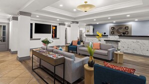 A modern living room with a sofa, coffee table, and decorative plants.