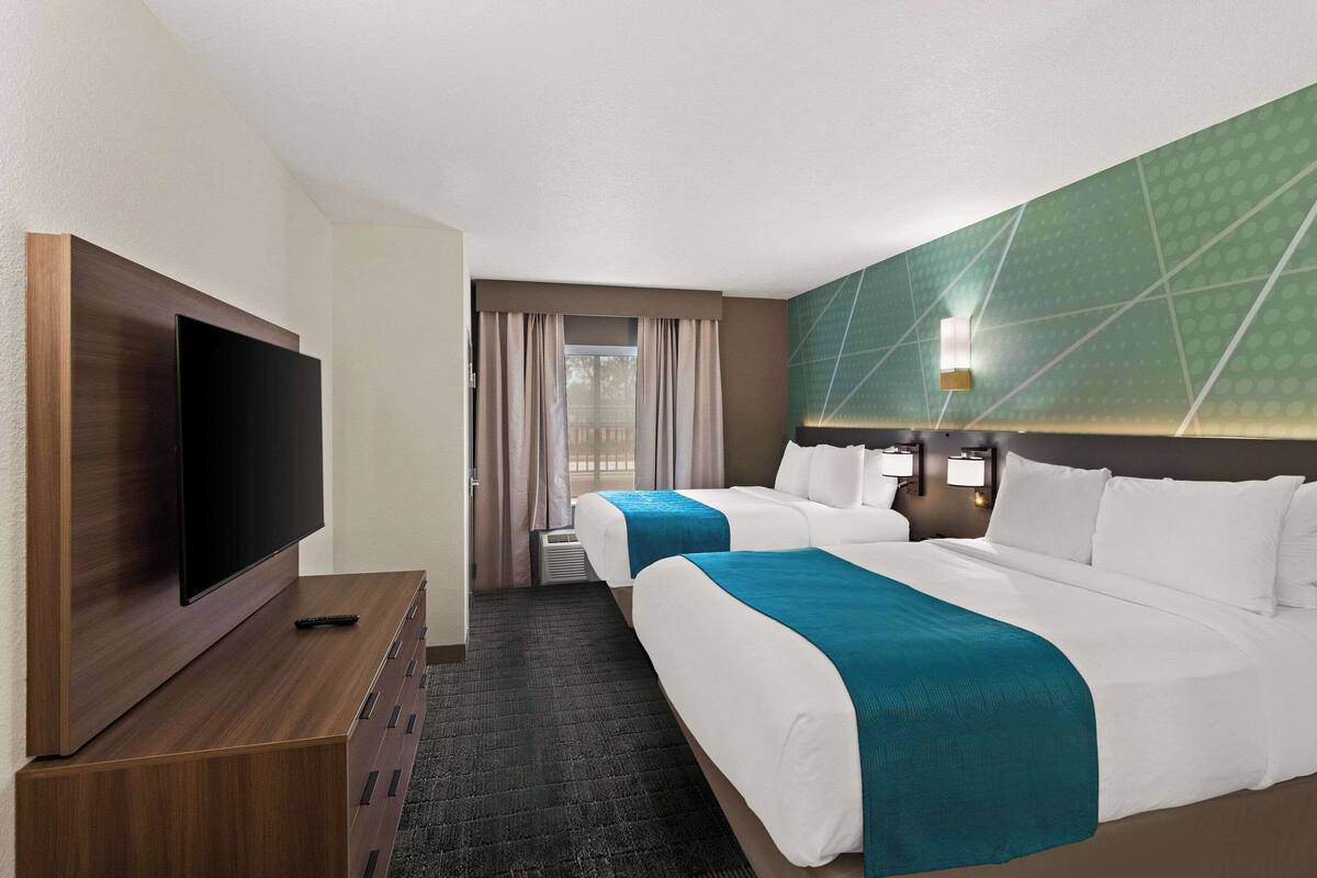 Une chambre d  ’hôtel dotée d’un grand téléviseur à écran plat, de deux lits avec une literie blanche et turquoise, d’une commode en bois et d’un mur orné d’un motif vert.