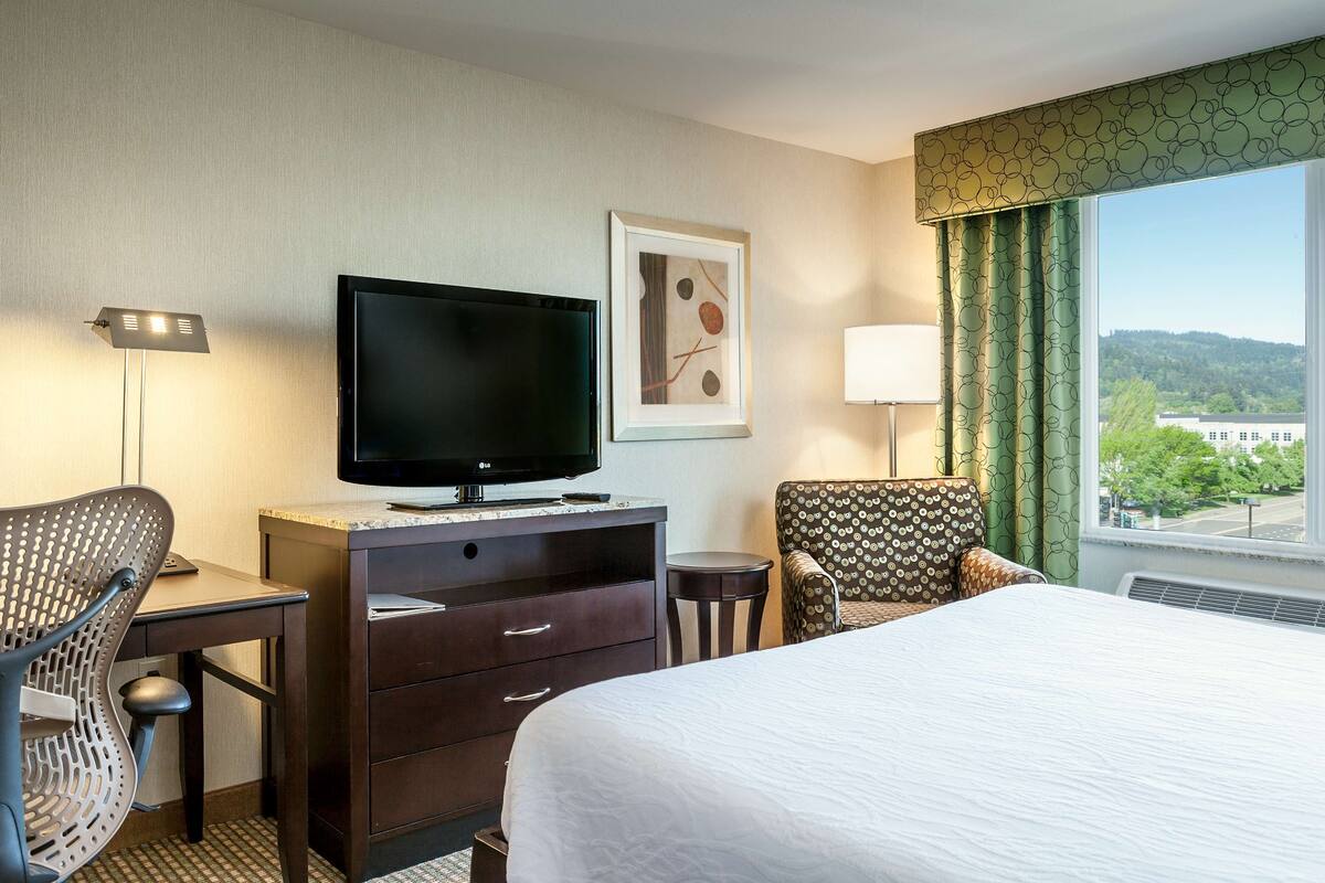 A hotel room with a bed, a desk with a TV, a chair, a dresser, and a window with a view of trees and buildings.