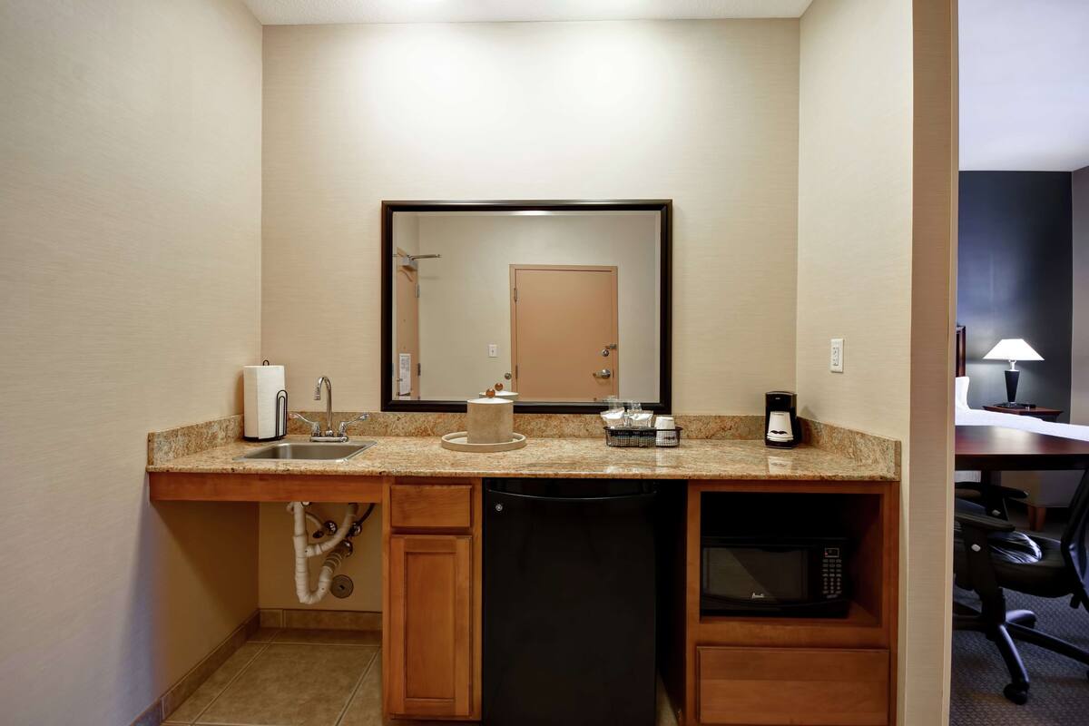 A hotel bathroom with a sink, mirror, countertop, and a microwave.