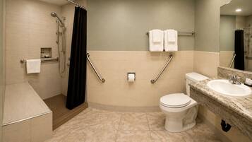 Een badkamer met douche, toilet, wastafel, greepstangen en een handdoekrek.