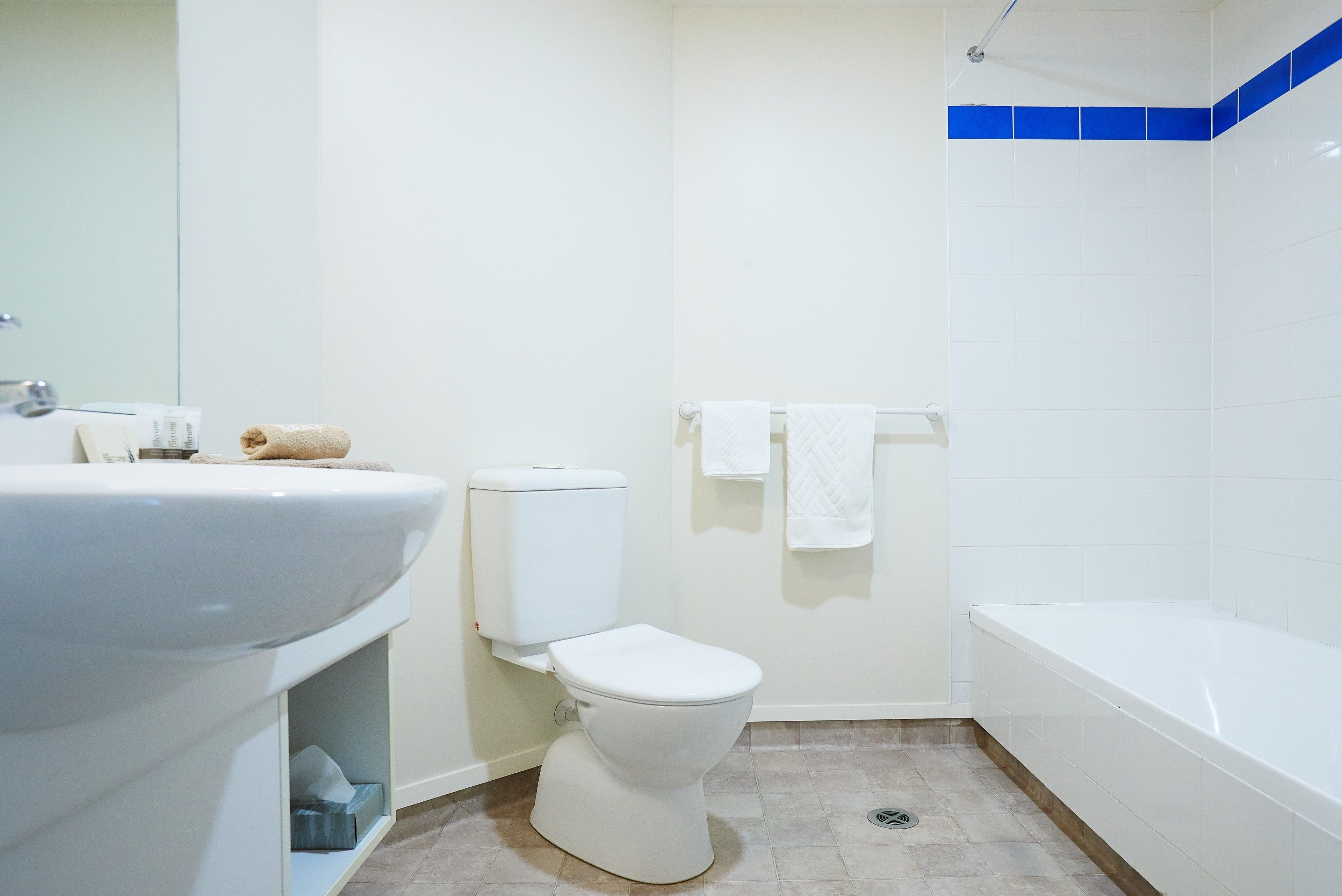 combined shower/bathtub, free toiletries, hair dryer, towels