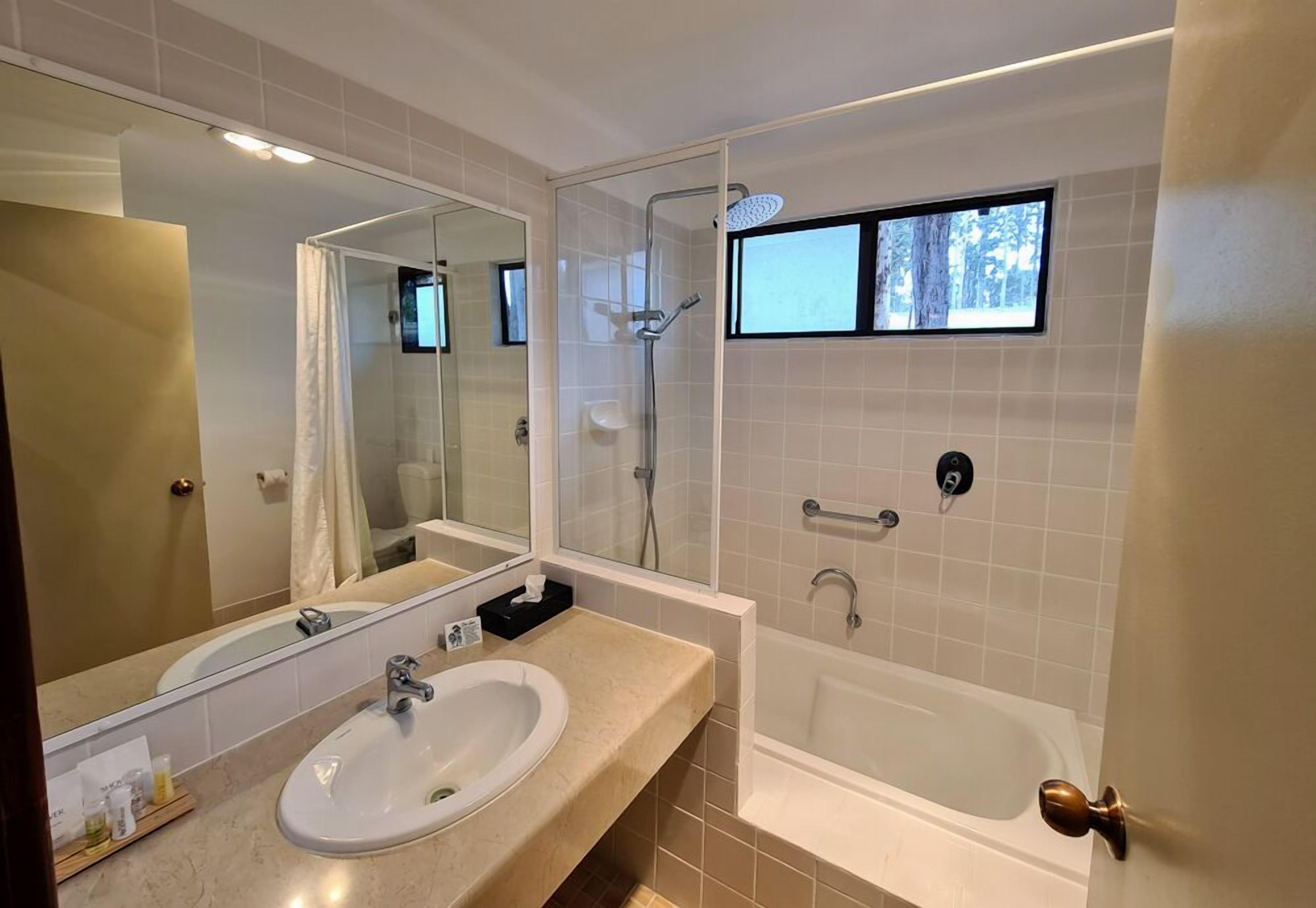 Une salle de bain moderne avec un grand miroir, un lavabo, une douche et une baignoire.