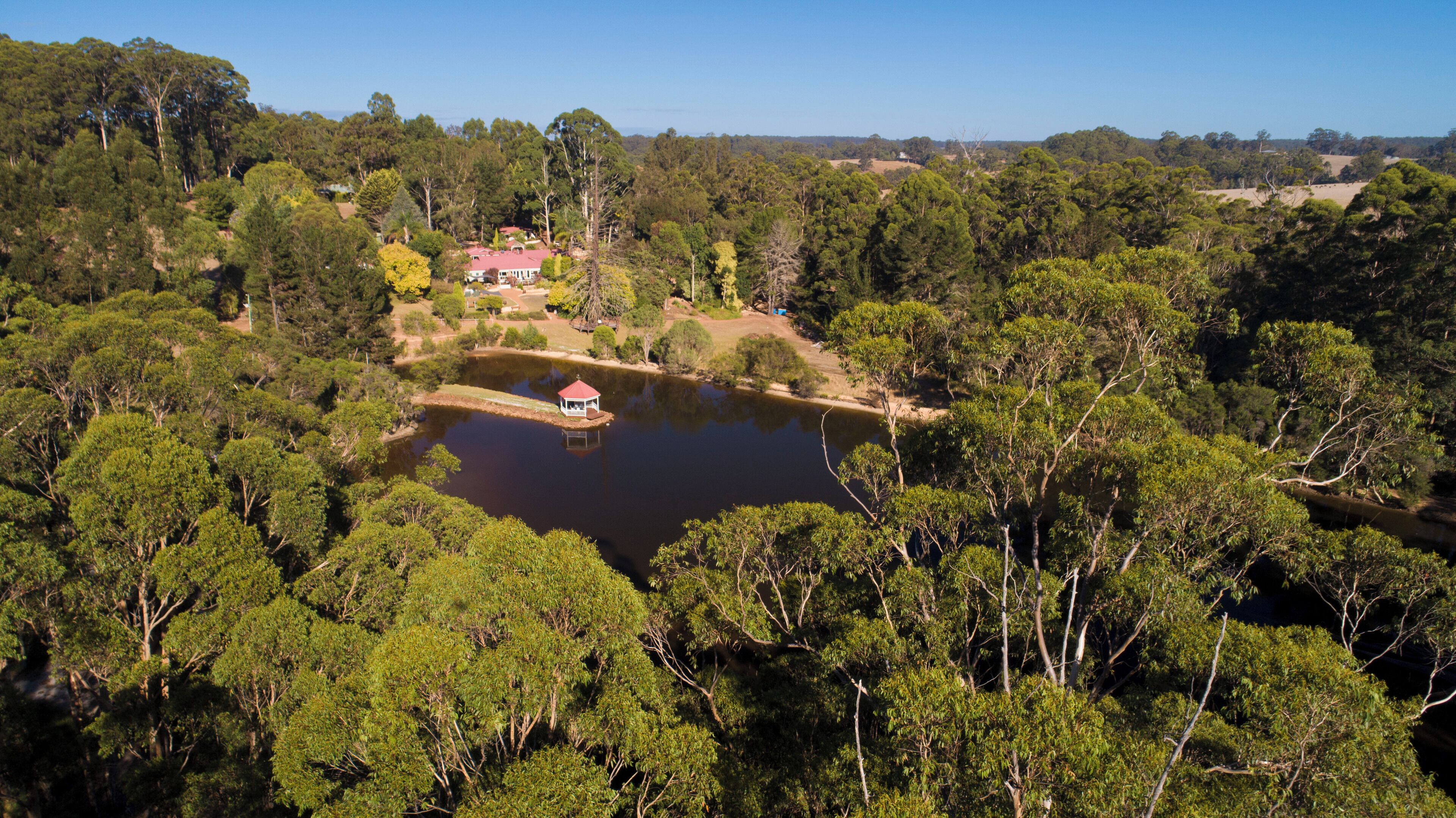 An aerial view of a property with a lake, surrounded by dense forest.