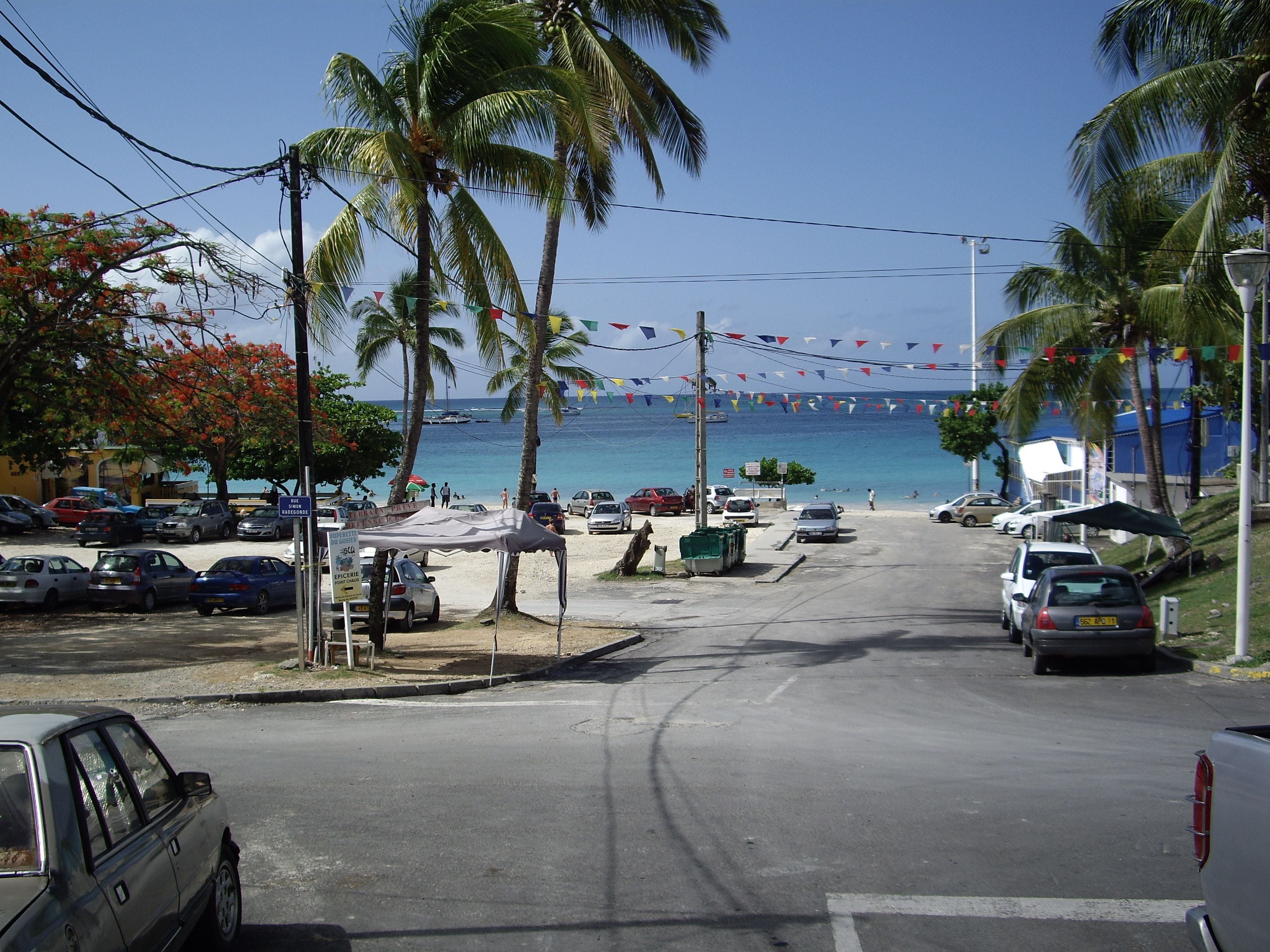 A street leading to a beach with parked cars, palm trees, and a clear view of the ocean.